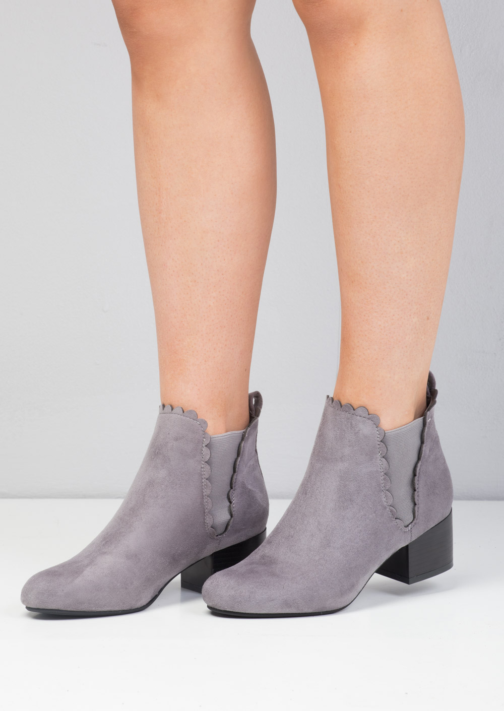 Dana Scallop Trim Block Heel Faux Suede Ankle Boots Grey Lily Lulu Fashion