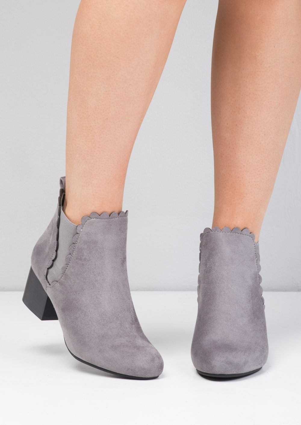 Dana Scallop Trim Block Heel Faux Suede Ankle Boots Grey Lily Lulu Fashion
