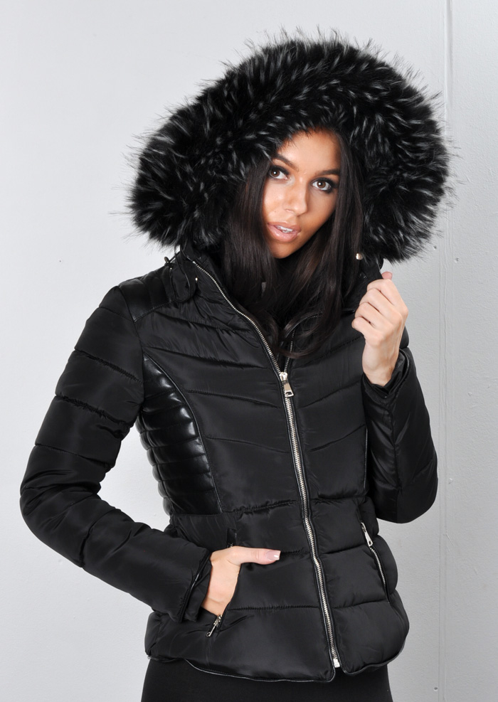 Giovanna Faux Leather Panel Fur Hooded Padded Puffer Jacket Coat Black Lily Lulu Fashion