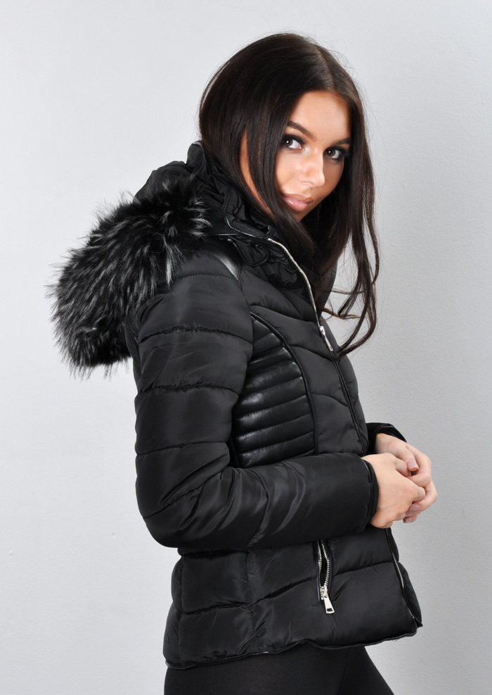 Giovanna Faux Leather Panel Fur Hooded Padded Puffer Jacket Coat Black Lily Lulu Fashion