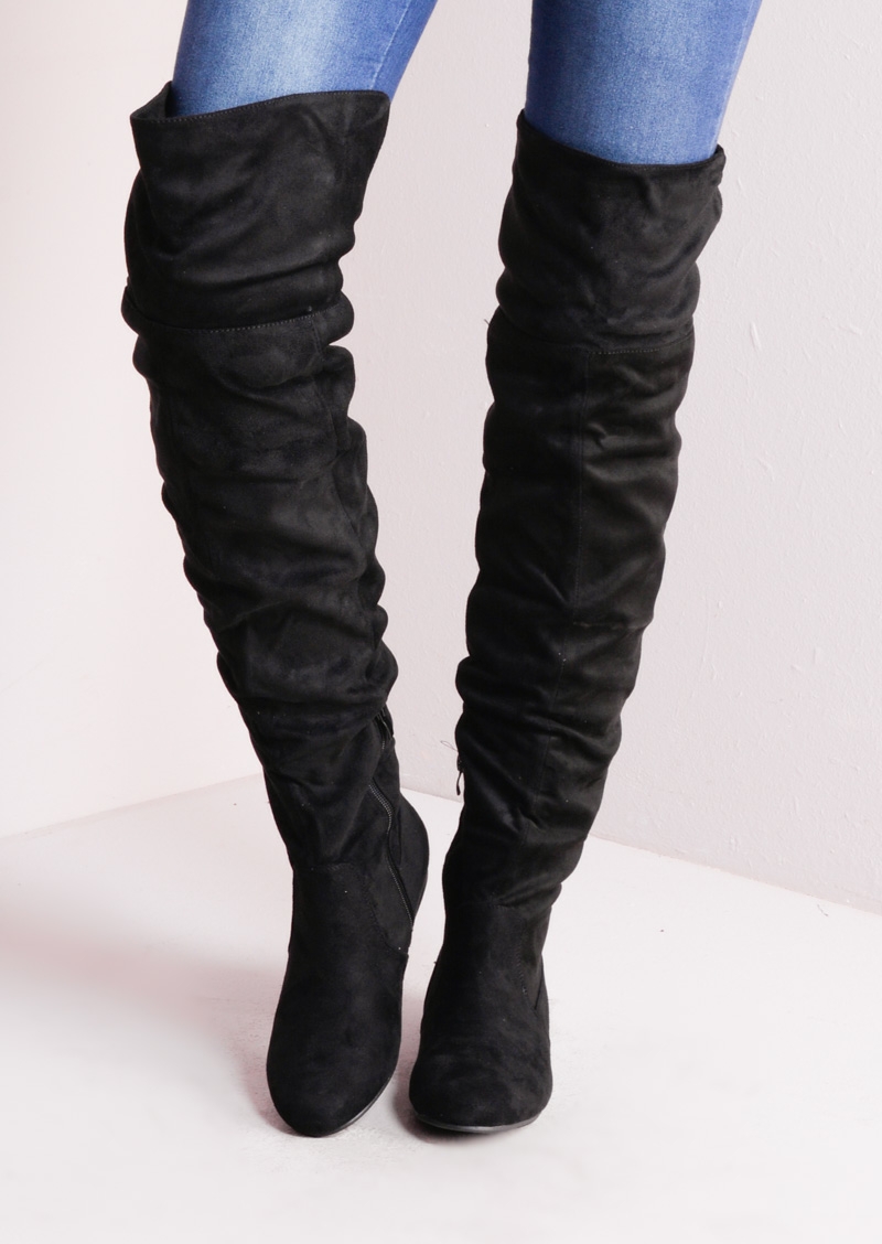 Over The Knee Flat Long Boots Suede Black