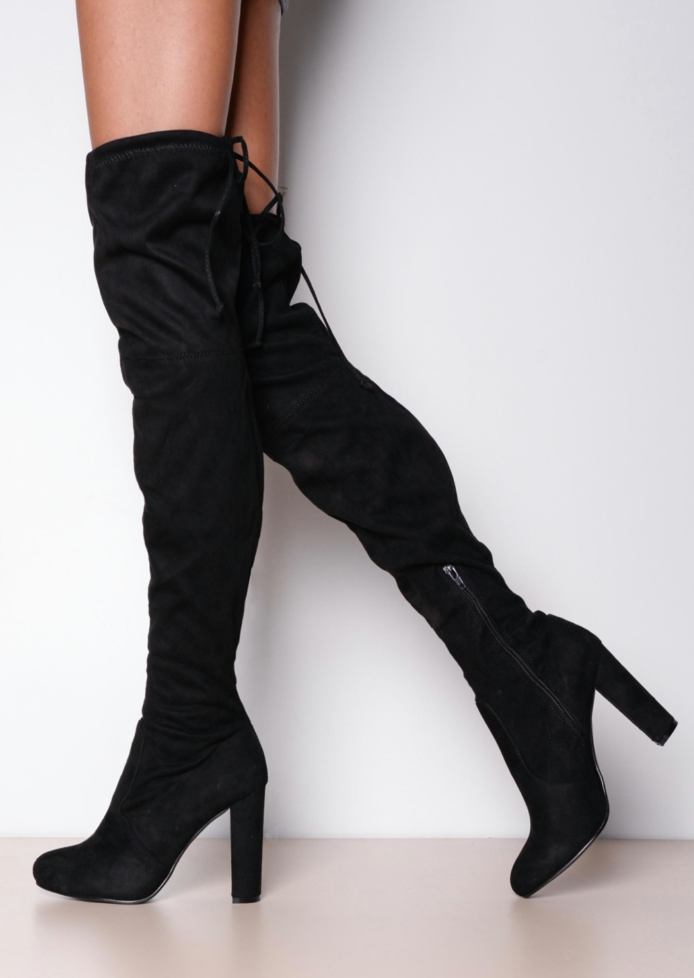  Thigh High Tie Back Faux Suede Knee High Heeled Boots