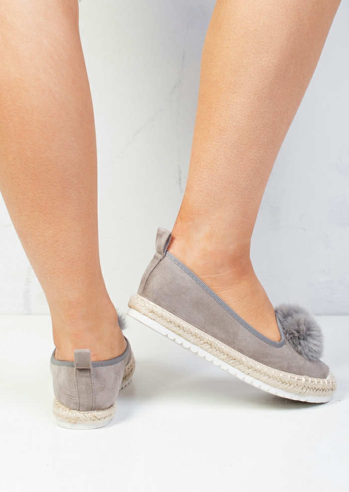 Pom Pom Faux Suede Espadrilles Cleated Slip On Sneaker Pumps Grey