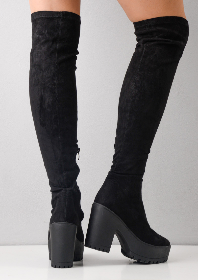 Over The Knee High Platform Cleated Sole Faux Suede Boots Black