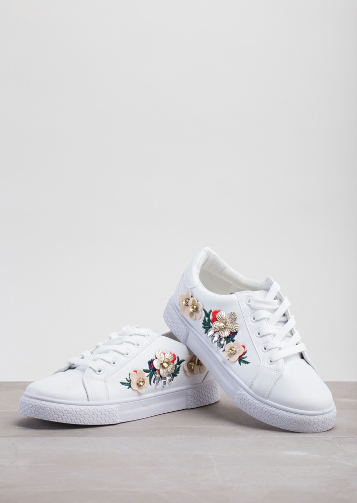 Flower Embroidered With Diamante Trainers White