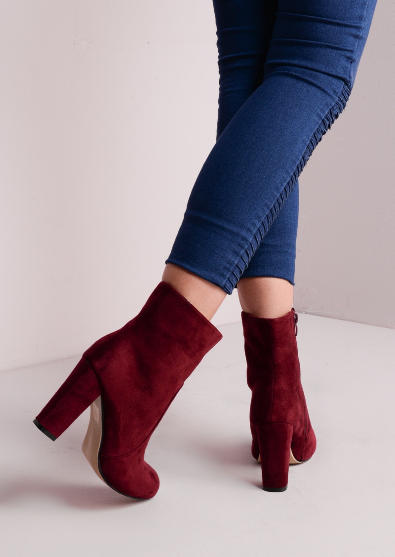 Amanda Zip Suede Block Heel Ankle Boots Burgundy Lily Lulu Fashion