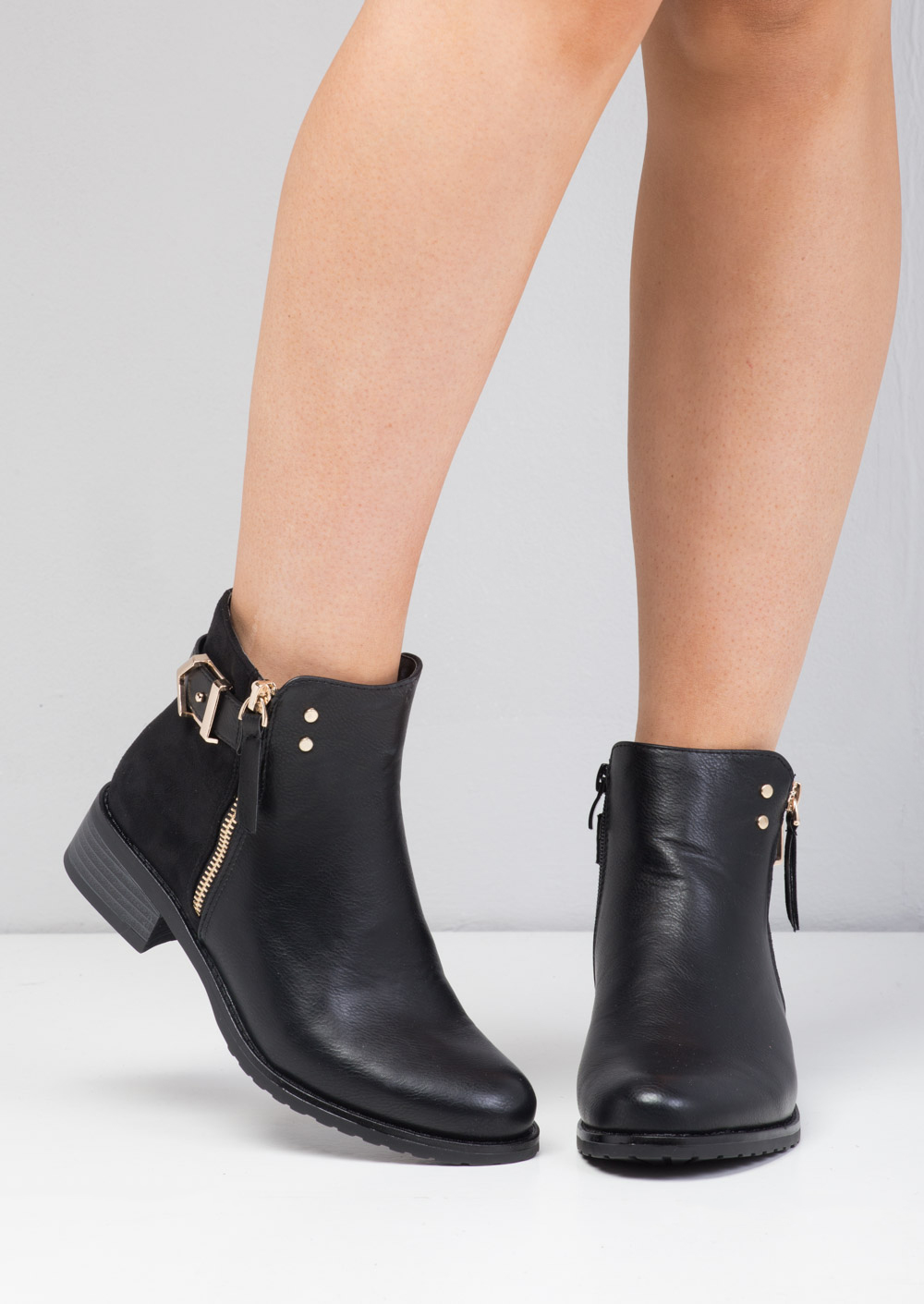 Buckle Faux Suede and Leather Chelsea Boots Black Lily Lulu Fashion