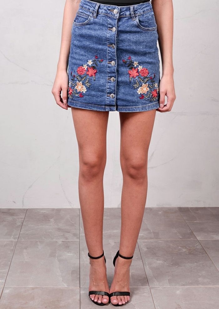 Floral Embroidered Button Up Mini Denim Skirt Mid Blue