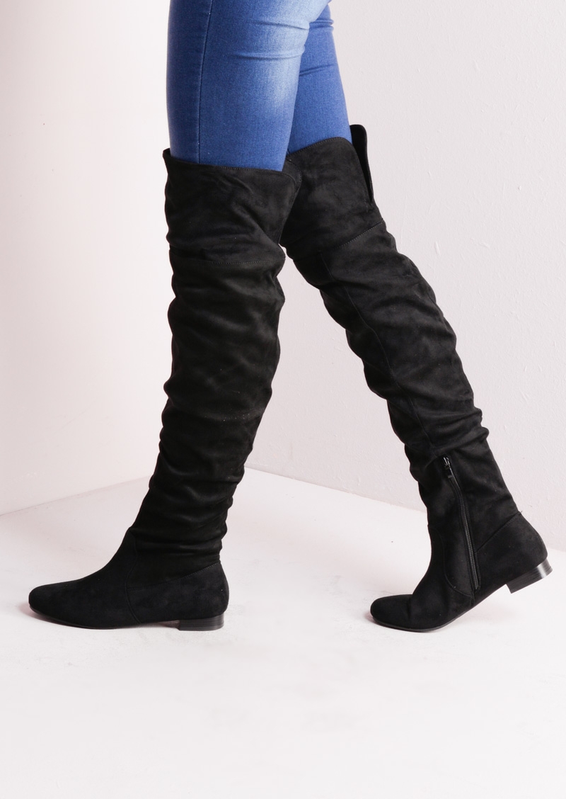 Over The Knee Flat Long Boots Suede Black