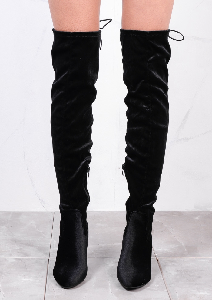 High Over The Knee Tie Back Faux Suede Boots Black