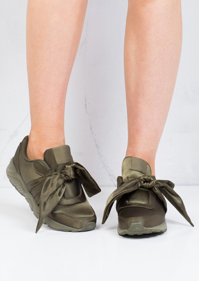 Oversized Bow Tie Satin Trainers Shoes Khaki Green
