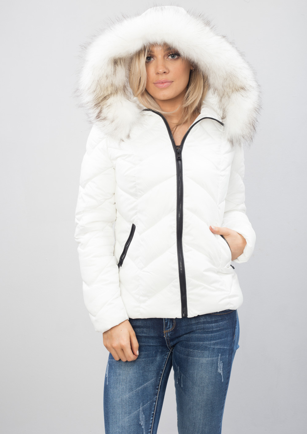 Reece Quilted Padded Contrast Zip Puffer Coat With Hood White Lily Lulu Fashion