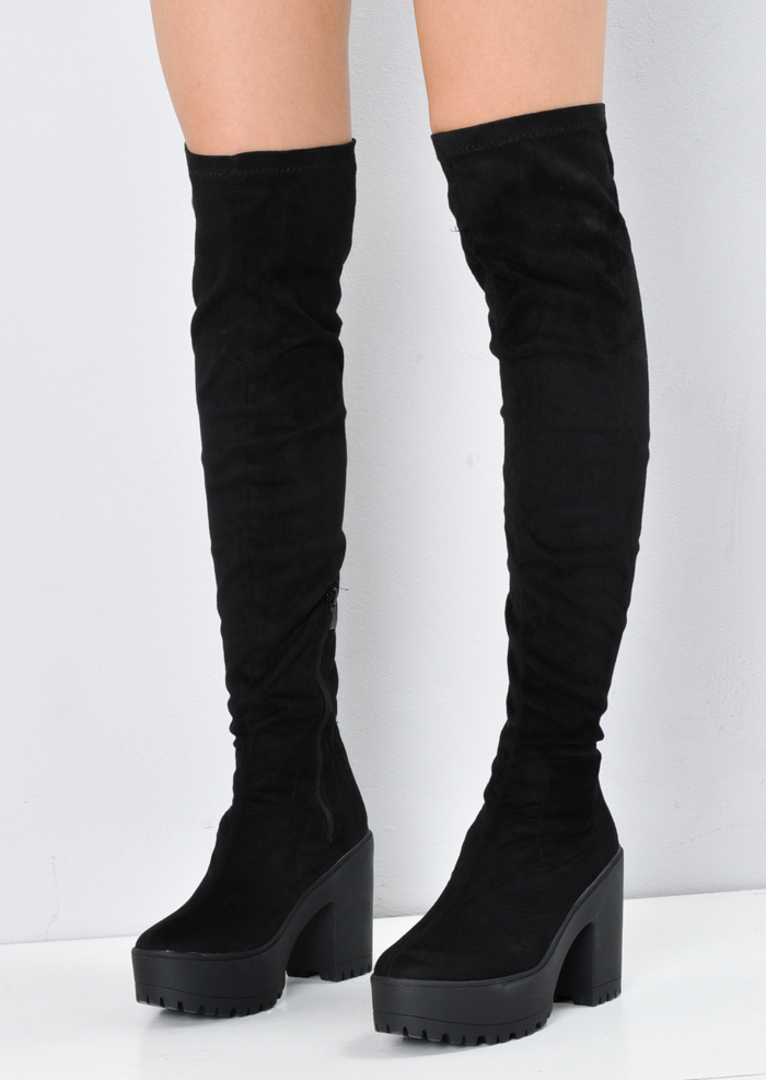 Over The Knee High Platform Cleated Sole Faux Suede Boots Black