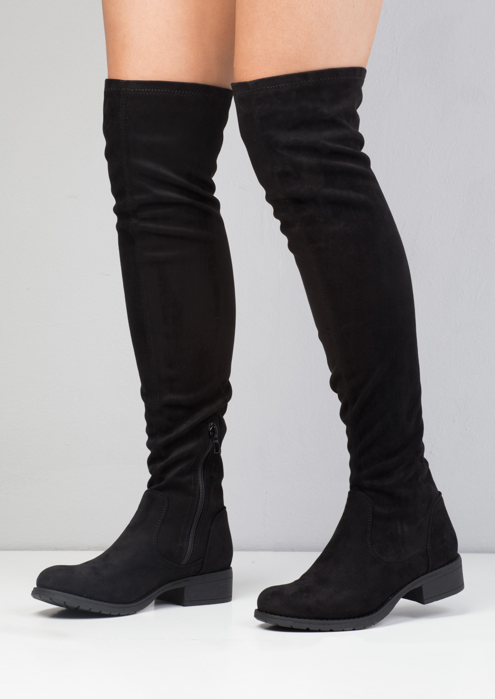 Over the Knee High Faux Flat Suede Boots Black